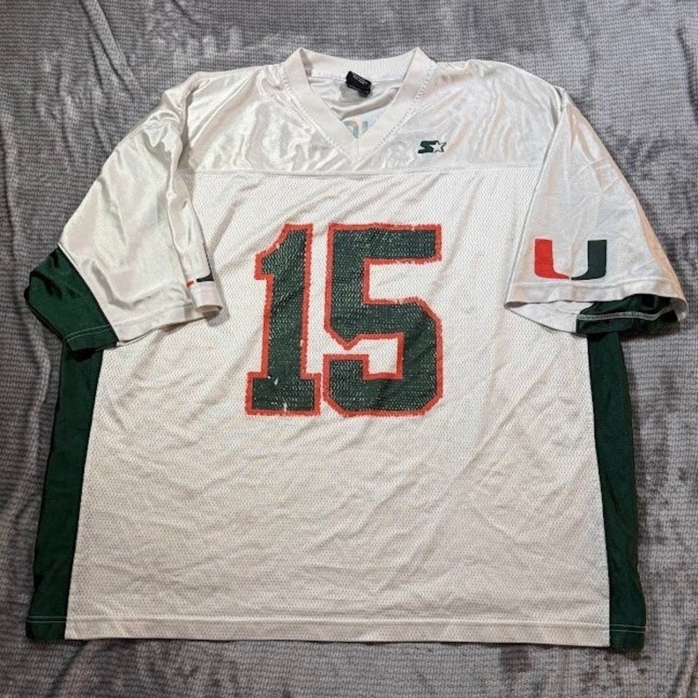 Vintage Starter University of Miami Hurricanes Jersey 15 White Green Mens 3XL